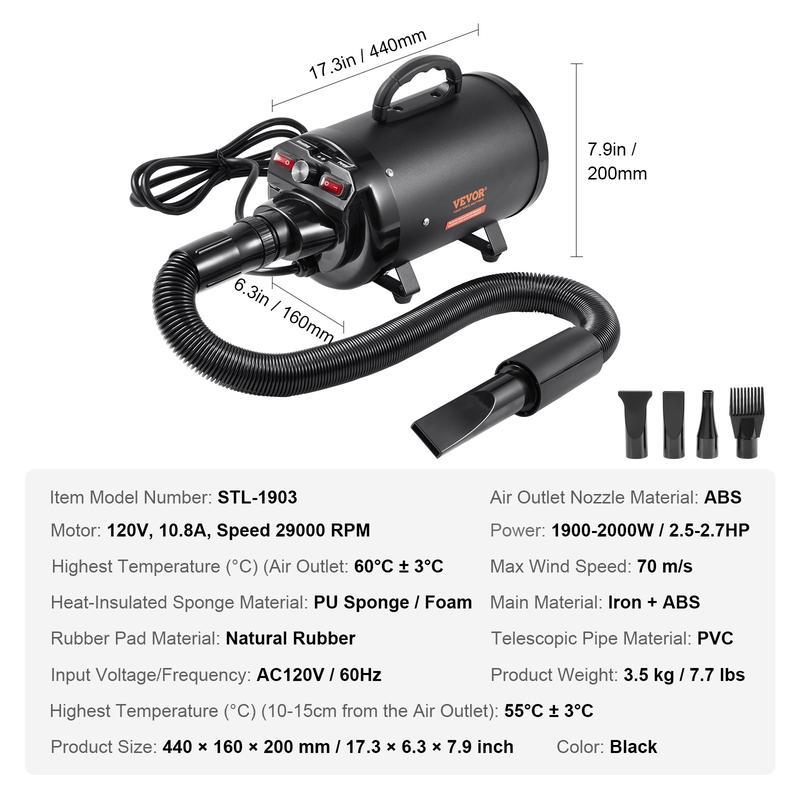 Secadora portátil para mascotas de 2000W, velocidad y temperatura ajustables, incluye 4 boquillas y manguera extensible, ideal para el cuidado y secado de perros.