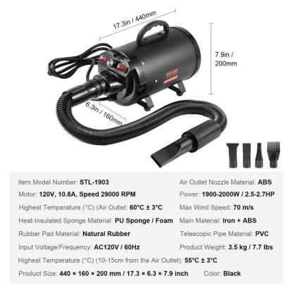Secadora portátil para mascotas de 2000W, velocidad y temperatura ajustables, incluye 4 boquillas y manguera extensible, ideal para el cuidado y secado de perros.