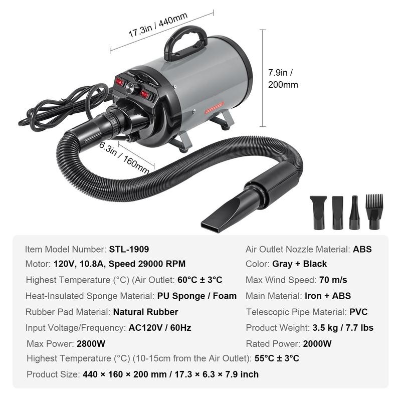Secadora portátil para mascotas de 2000W, velocidad y temperatura ajustables, incluye 4 boquillas y manguera extensible, ideal para el cuidado y secado de perros.