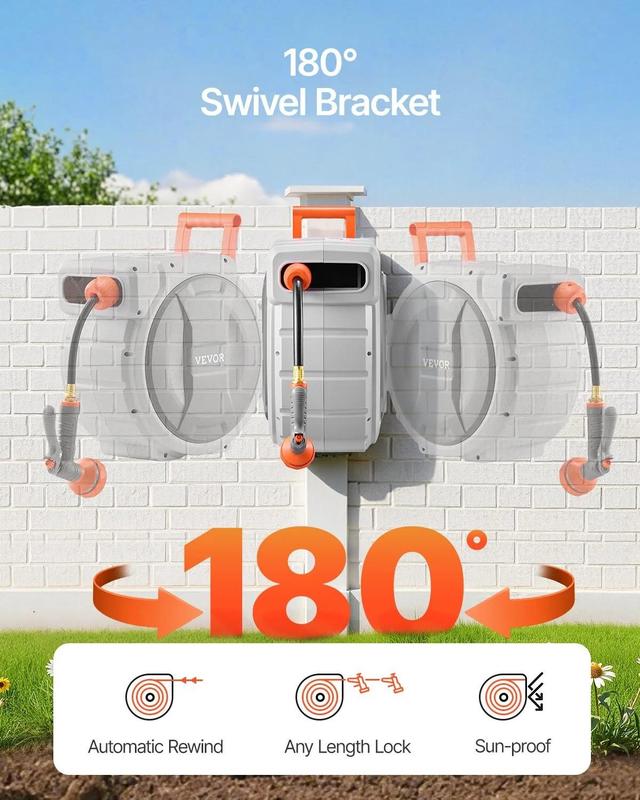 Carrete de manguera retráctil para jardín 5/8” x 100 ft, montaje en pared, resistente. Incluye boquilla de 9 patrones, bloqueo de longitud ajustable, retorno lento y soporte giratorio de 180°.