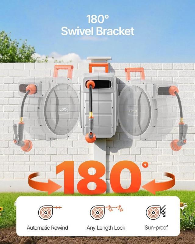 Carrete de manguera retráctil para jardín 5/8” x 100 ft, montaje en pared, resistente. Incluye boquilla de 9 patrones, bloqueo de longitud ajustable, retorno lento y soporte giratorio de 180°.