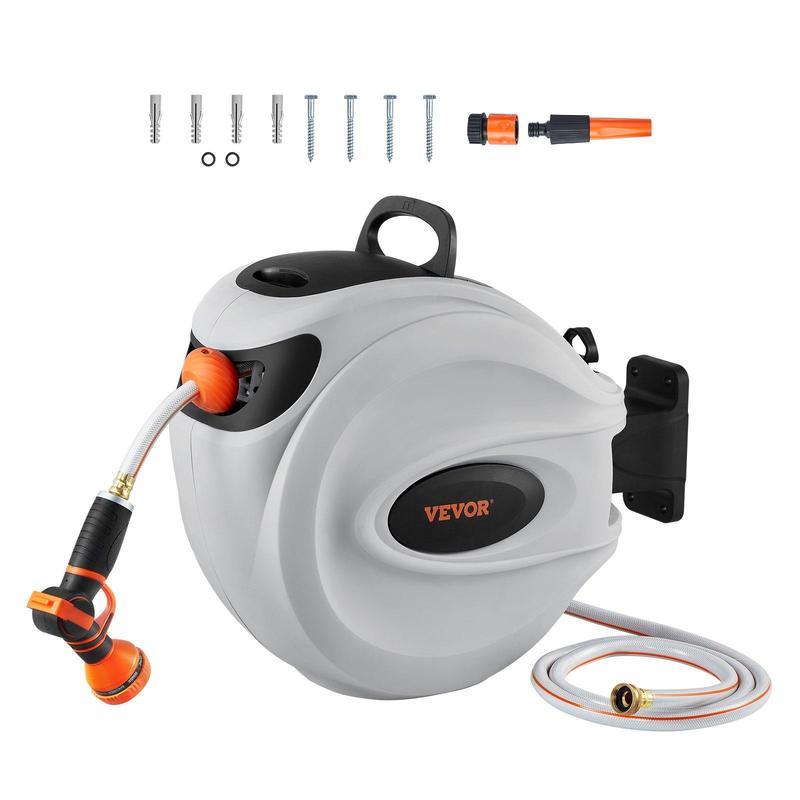 Carrete de manguera retráctil para jardín 5/8” x 100 ft, montaje en pared, resistente. Incluye boquilla de 9 patrones, bloqueo de longitud ajustable, retorno lento y soporte giratorio de 180°.
