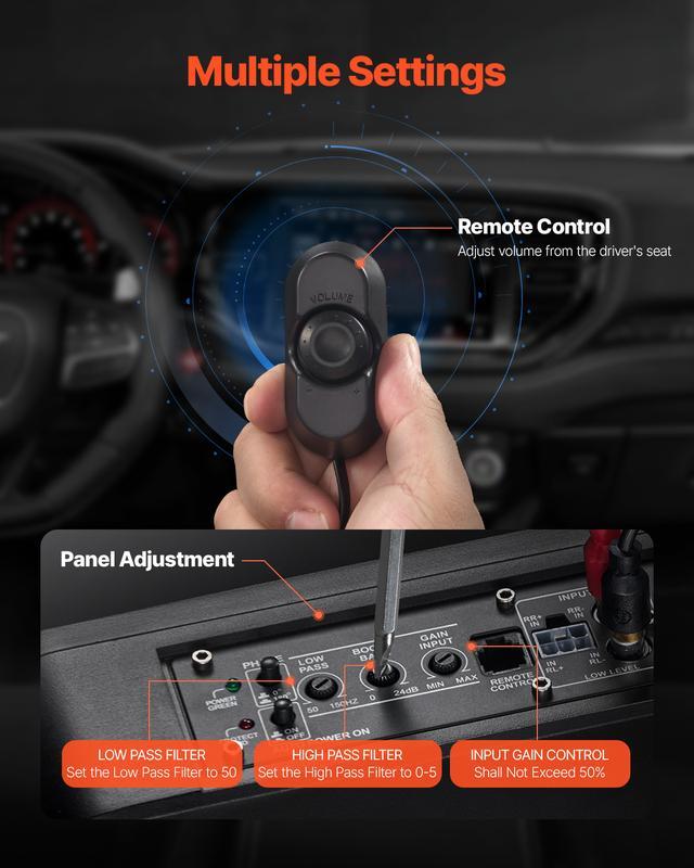 Subwoofer activo para auto de 10", 440W, diseño ultradelgado para instalar debajo del asiento. Incluye amplificador integrado, control remoto y luz ambiental azul. Ideal para autos, camionetas, SUV y RV.