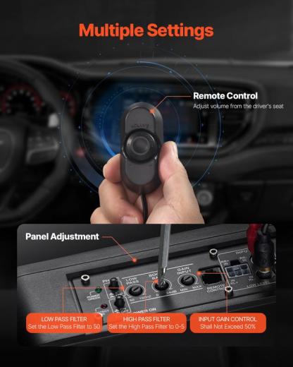 Subwoofer activo para auto de 10", 440W, diseño ultradelgado para instalar debajo del asiento. Incluye amplificador integrado, control remoto y luz ambiental azul. Ideal para autos, camionetas, SUV y RV.