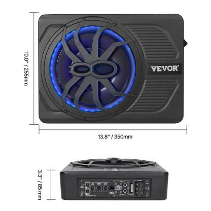 Subwoofer activo para auto de 10", 440W, diseño ultradelgado para instalar debajo del asiento. Incluye amplificador integrado, control remoto y luz ambiental azul. Ideal para autos, camionetas, SUV y RV.