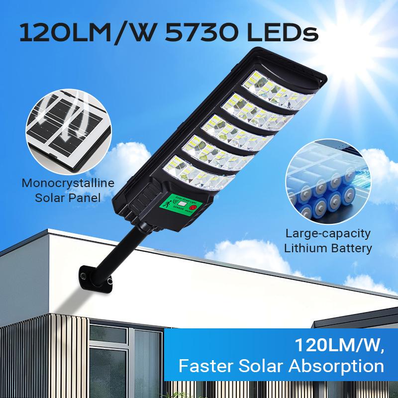 Luz Solar para Calle Exterior Mejorada, LED 5730 SMD de 120 lm/W, Panel Monocristalino, Batería LiFePO4 e Impermeable IP65 para Patio, Jardín, Calle y Garaje