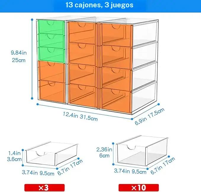 Caja de almacenaje acrílica transparente apilable con 13 cajones, organizador versátil para baño, tocador, armarios de cocina, despensa y contenedores de almacenaje para organización del hogar