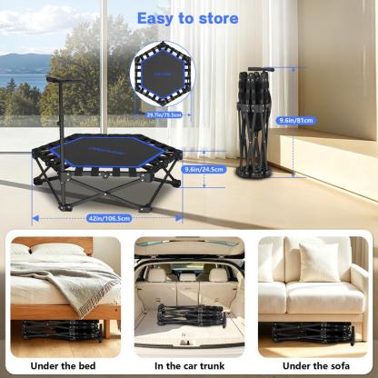 Mini Trampolín Plegable para Adultos con Barra de Apoyo, Hasta 460 lb de Resistencia, Fácil de Armar y con Manija Ajustable de Espuma