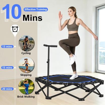 Mini Trampolín Plegable para Adultos con Barra de Apoyo, Hasta 460 lb de Resistencia, Fácil de Armar y con Manija Ajustable de Espuma