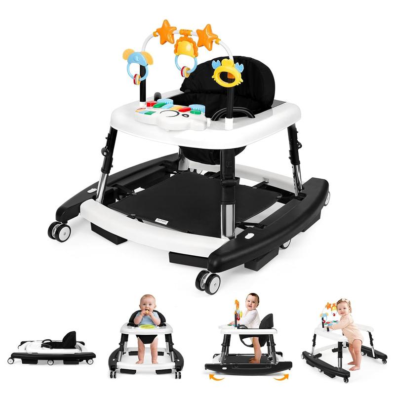 Andador para Bebé 5 en 1, Plegable y Seguro para 6 a 18 Meses, con Altura Ajustable, Función de Balanceo, Base Triangular, Música, Bandeja de Alimentación y Reposapiés Removible