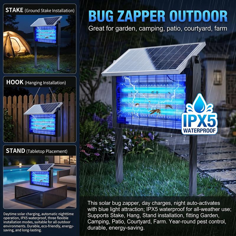 Lámpara Mata Mosquitos Electrónica Recargable de 20W para Exterior, Impermeable, con 3 Tubos UV, Batería de 6000mAh y Doble Método de Carga, Ideal para Patio, Jardín y Camping