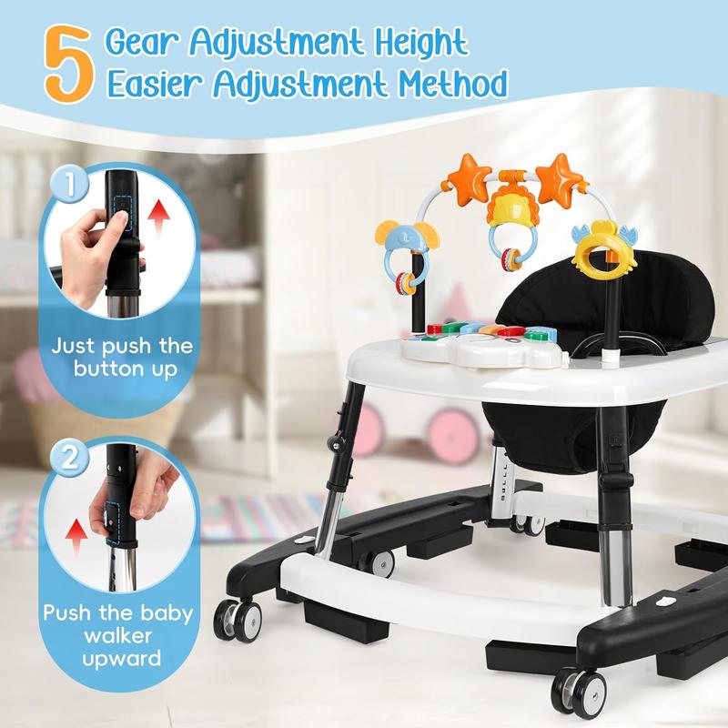 Andador para Bebé 5 en 1, Plegable y Seguro para 6 a 18 Meses, con Altura Ajustable, Función de Balanceo, Base Triangular, Música, Bandeja de Alimentación y Reposapiés Removible