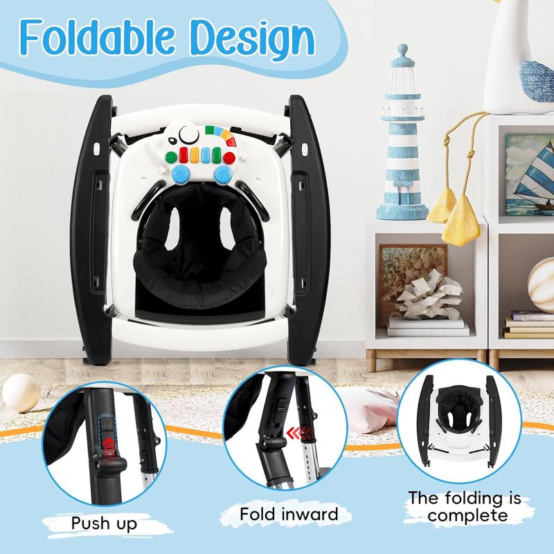 Andador para Bebé 5 en 1, Plegable y Seguro para 6 a 18 Meses, con Altura Ajustable, Función de Balanceo, Base Triangular, Música, Bandeja de Alimentación y Reposapiés Removible