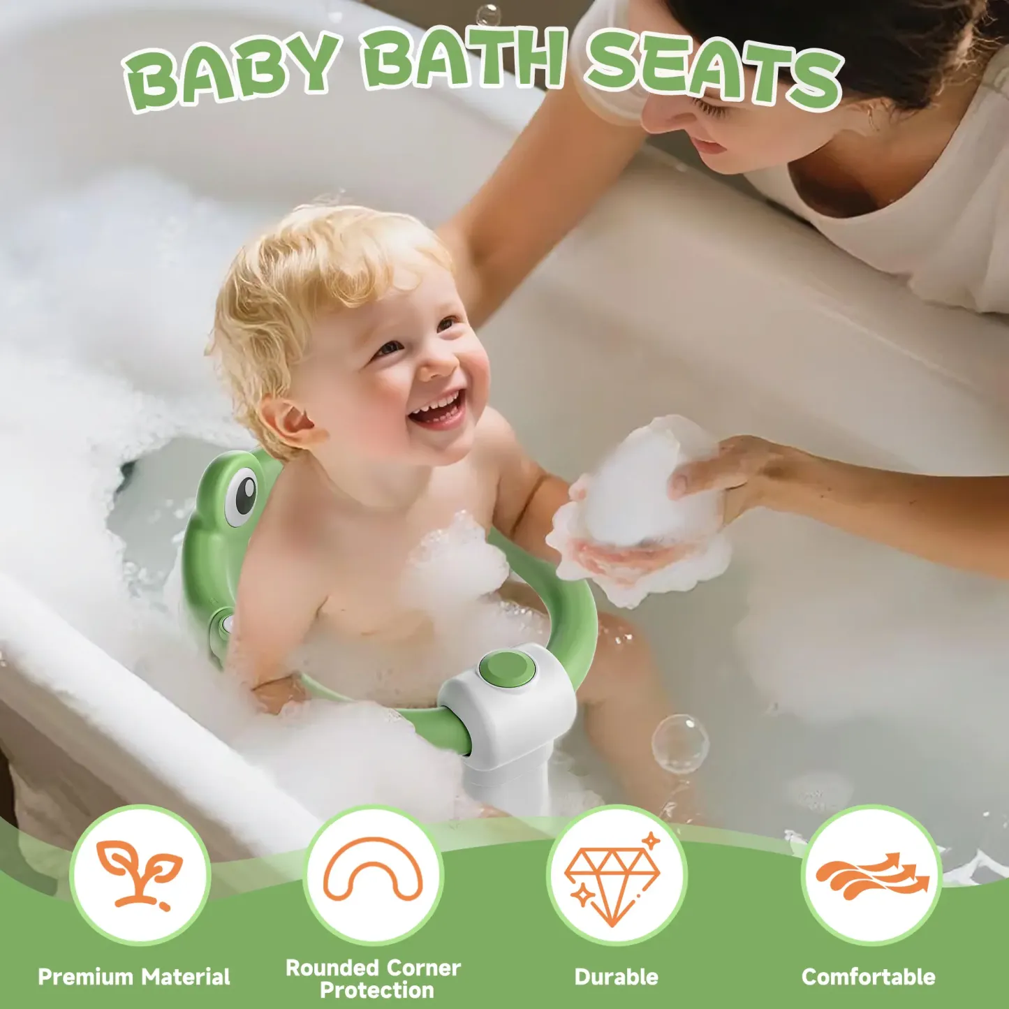 Silla de baño para bebé 5-18 meses, diseño sentado, base antideslizante con 4 ventosas, cojín suave, portátil y segura para el baño