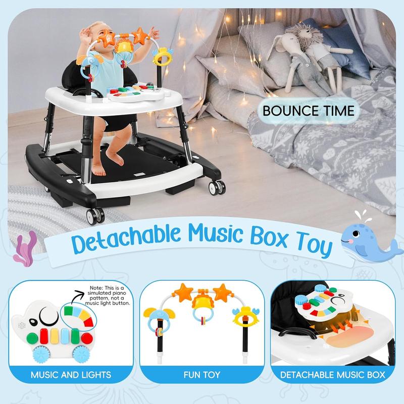 Andador para Bebé 5 en 1, Plegable y Seguro para 6 a 18 Meses, con Altura Ajustable, Función de Balanceo, Base Triangular, Música, Bandeja de Alimentación y Reposapiés Removible