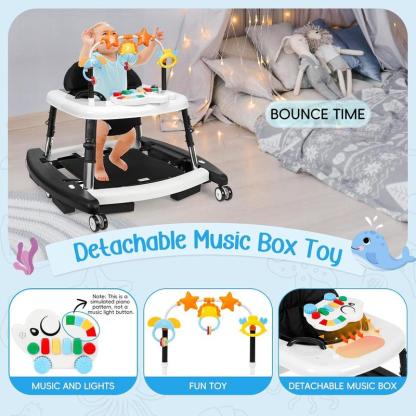 Andador para Bebé 5 en 1, Plegable y Seguro para 6 a 18 Meses, con Altura Ajustable, Función de Balanceo, Base Triangular, Música, Bandeja de Alimentación y Reposapiés Removible