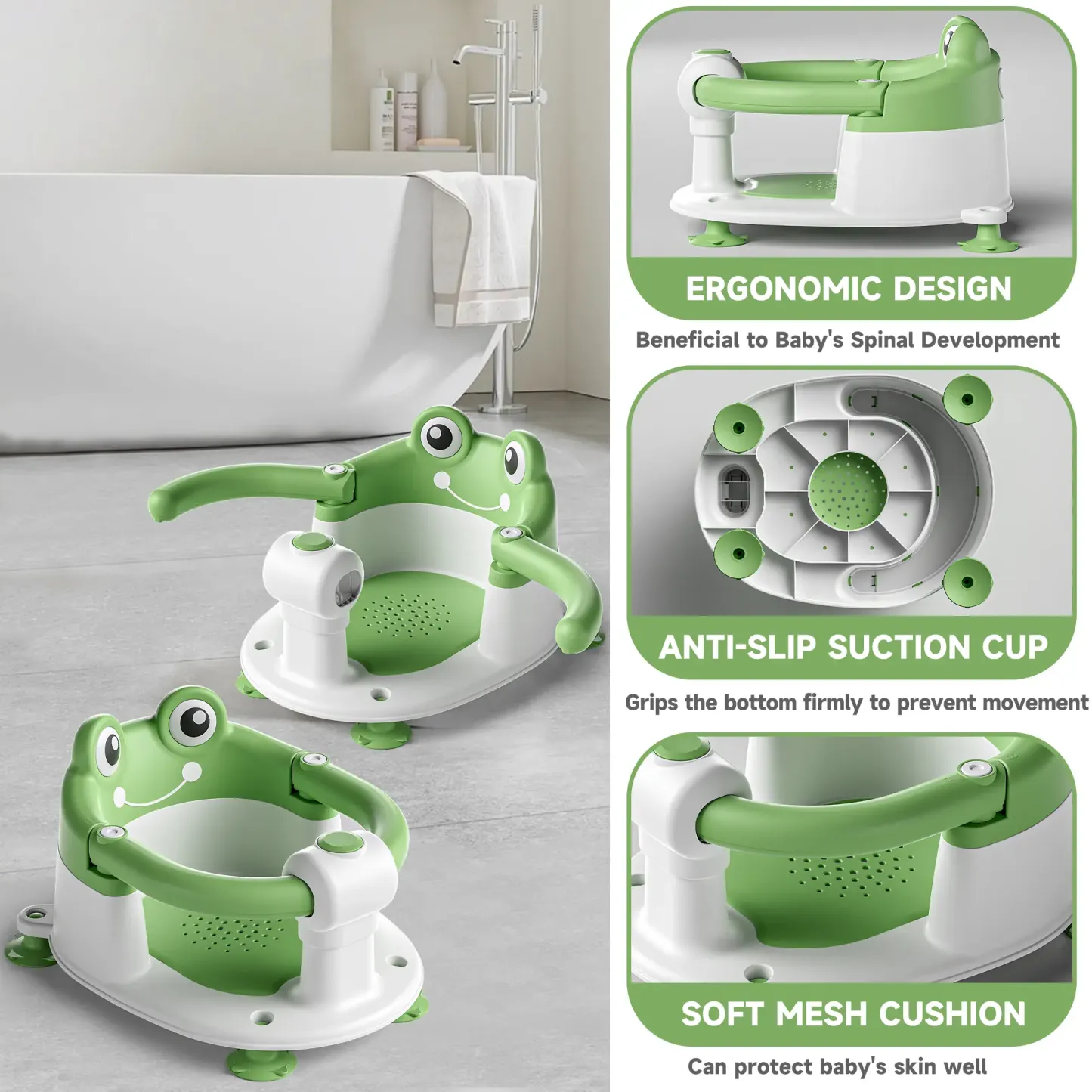 Silla de baño para bebé 5-18 meses, diseño sentado, base antideslizante con 4 ventosas, cojín suave, portátil y segura para el baño