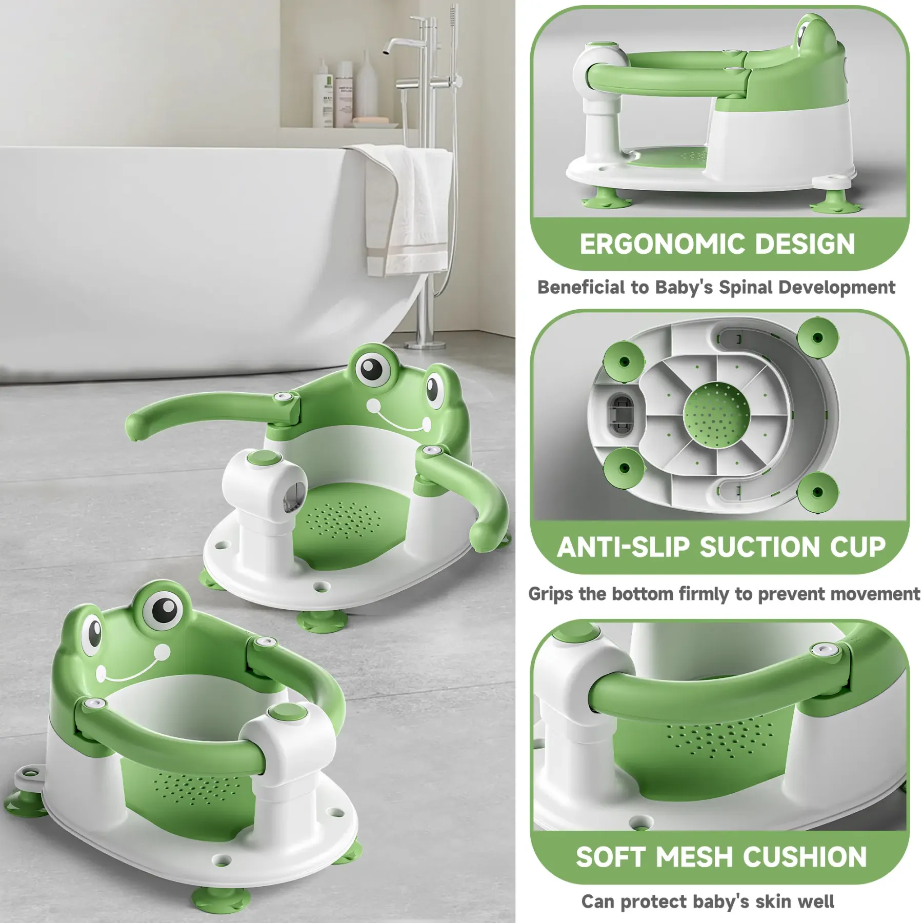 Silla de baño para bebé 5-18 meses, diseño sentado, base antideslizante con 4 ventosas, cojín suave, portátil y segura para el baño
