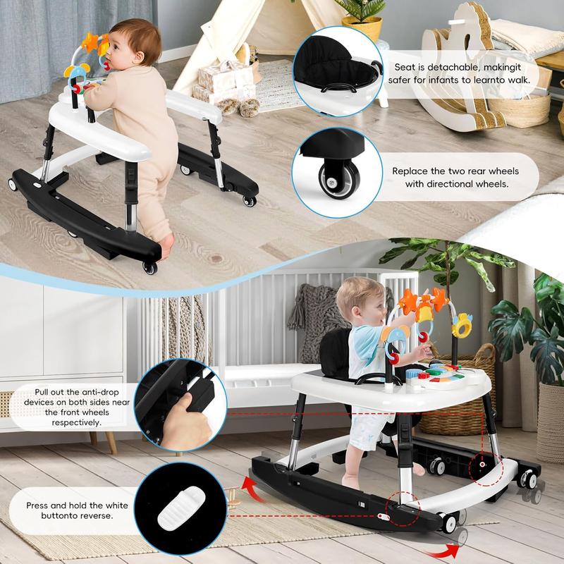 Andador para Bebé 5 en 1, Plegable y Seguro para 6 a 18 Meses, con Altura Ajustable, Función de Balanceo, Base Triangular, Música, Bandeja de Alimentación y Reposapiés Removible
