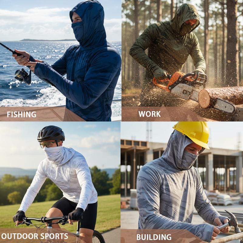 5 Playeras Deportivas para Hombre de Secado Rápido, Transpirables, con Capucha y Cubrebocas, Manga Larga de Compresión para Pesca, Senderismo, Trabajo y Actividades al Aire Libre