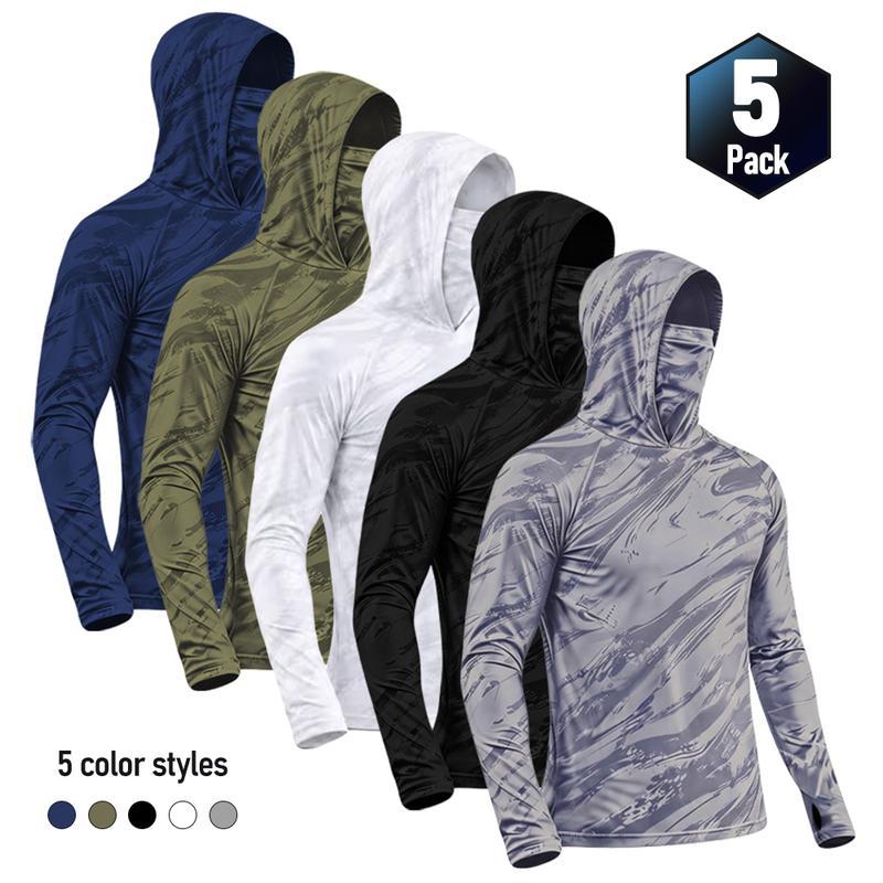 5 Playeras Deportivas para Hombre de Secado Rápido, Transpirables, con Capucha y Cubrebocas, Manga Larga de Compresión para Pesca, Senderismo, Trabajo y Actividades al Aire Libre
