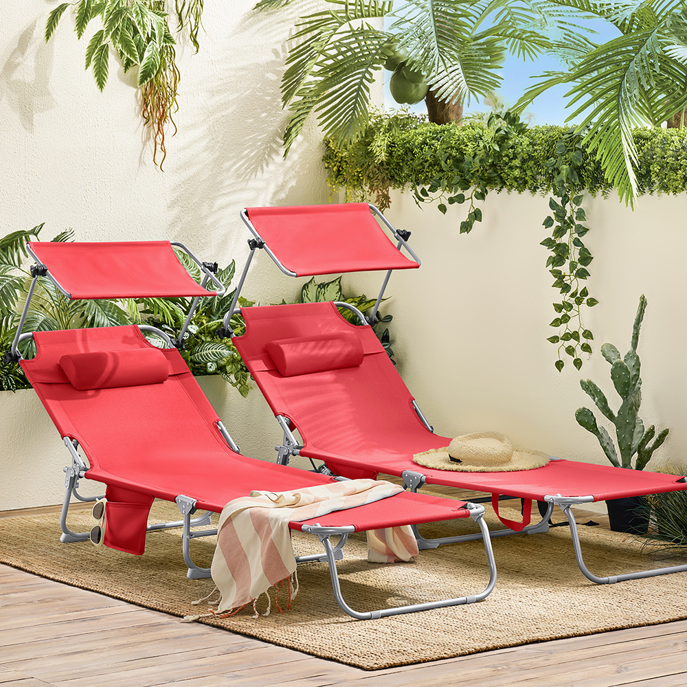 Pack 2 de tumbonas plegables con parasol ajustable – sillas de playa y piscina reclinables en textilene y aluminio