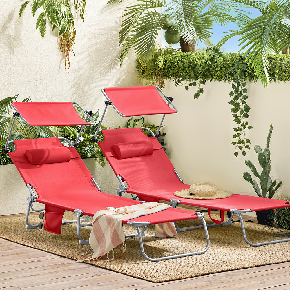 Pack 2 de tumbonas plegables con parasol ajustable – sillas de playa y piscina reclinables en textilene y aluminio