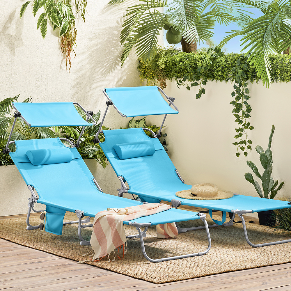 Pack 2 de tumbonas plegables con parasol ajustable – sillas de playa y piscina reclinables en textilene y aluminio