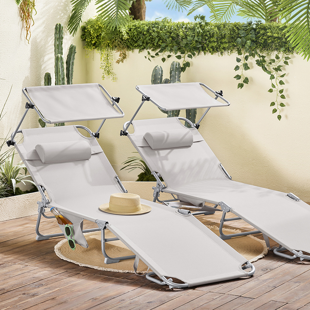 Pack 2 de tumbonas plegables con parasol ajustable – sillas de playa y piscina reclinables en textilene y aluminio