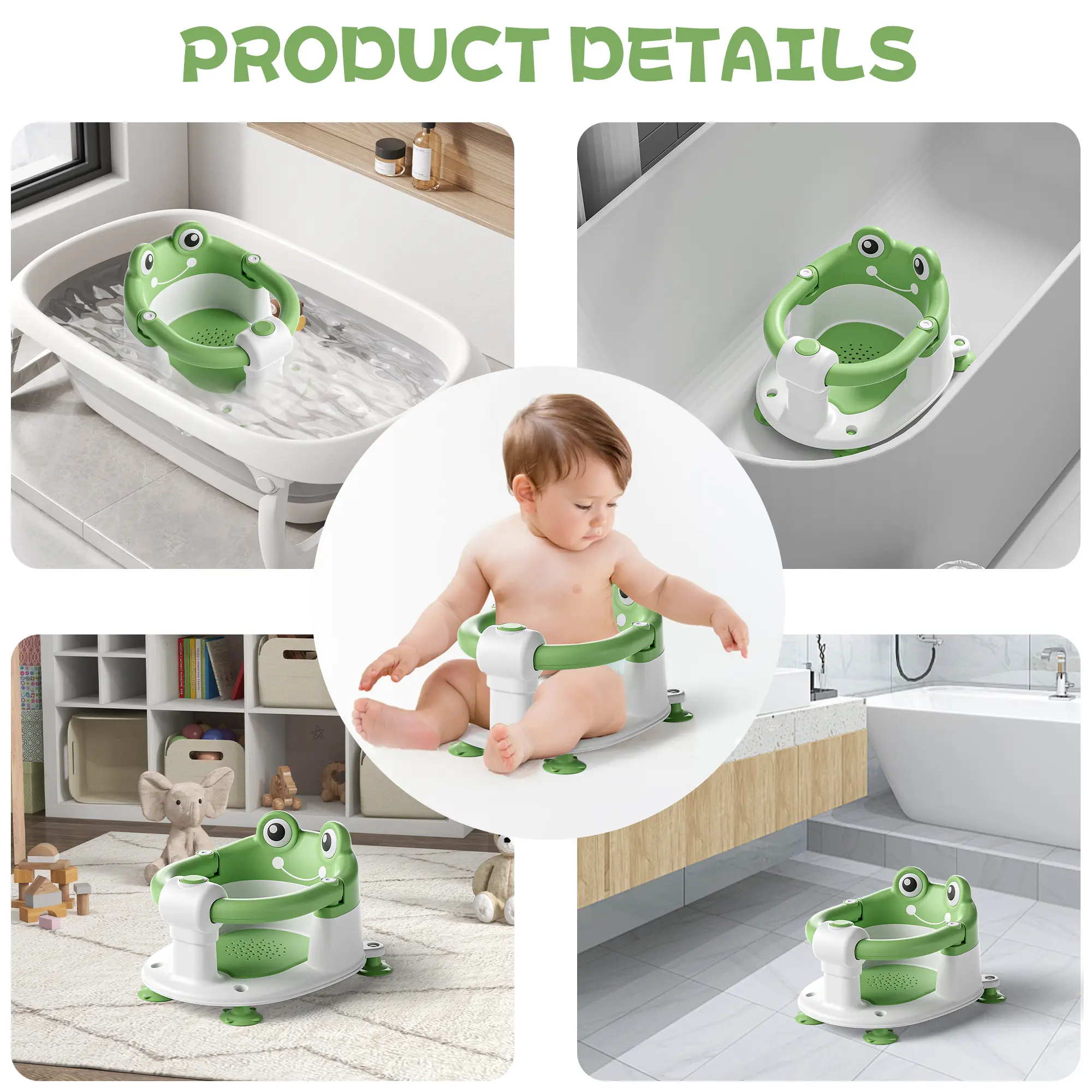 Silla de baño para bebé 5-18 meses, diseño sentado, base antideslizante con 4 ventosas, cojín suave, portátil y segura para el baño
