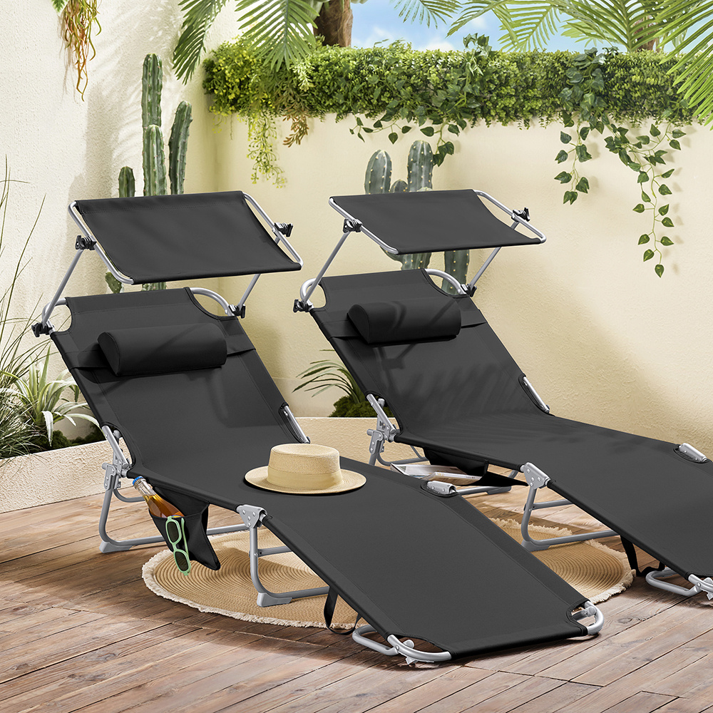 Pack 2 de tumbonas plegables con parasol ajustable – sillas de playa y piscina reclinables en textilene y aluminio