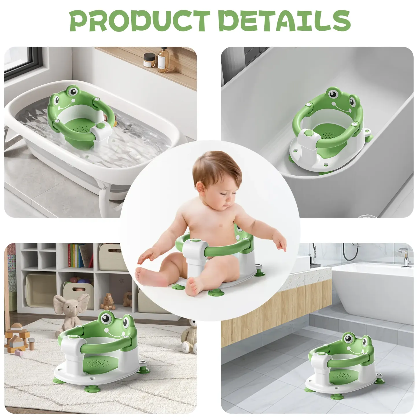 Silla de baño para bebé 5-18 meses, diseño sentado, base antideslizante con 4 ventosas, cojín suave, portátil y segura para el baño