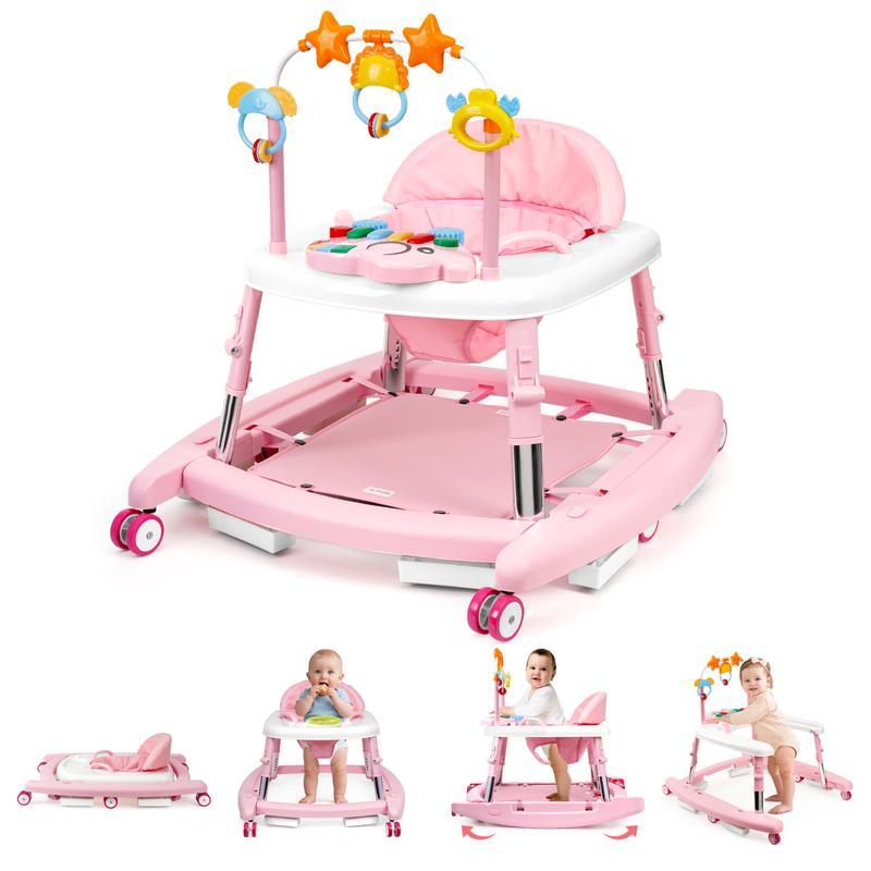 Andador para Bebé 5 en 1, Plegable y Seguro para 6 a 18 Meses, con Altura Ajustable, Función de Balanceo, Base Triangular, Música, Bandeja de Alimentación y Reposapiés Removible