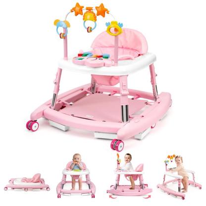 Andador para Bebé 5 en 1, Plegable y Seguro para 6 a 18 Meses, con Altura Ajustable, Función de Balanceo, Base Triangular, Música, Bandeja de Alimentación y Reposapiés Removible