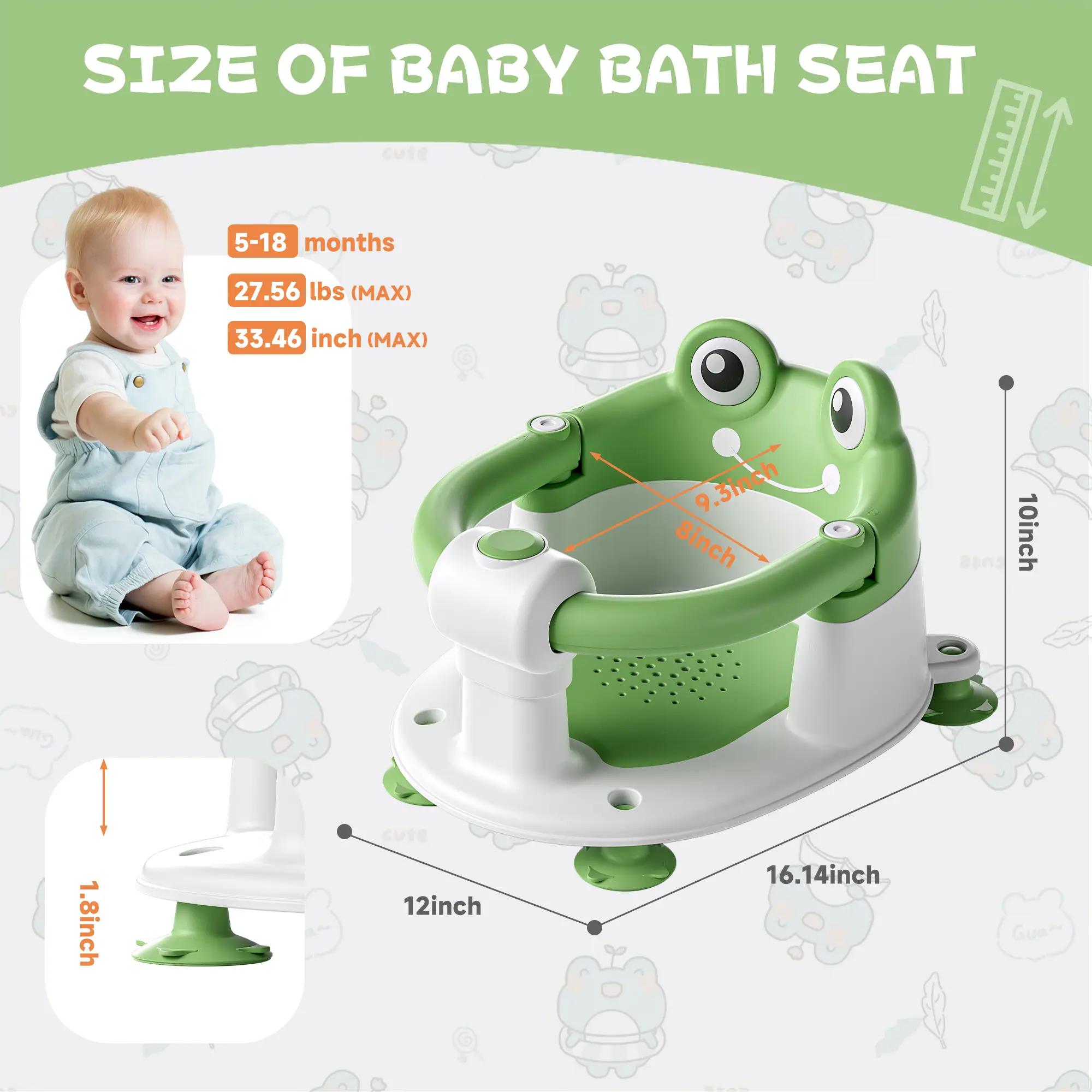 Silla de baño para bebé 5-18 meses, diseño sentado, base antideslizante con 4 ventosas, cojín suave, portátil y segura para el baño