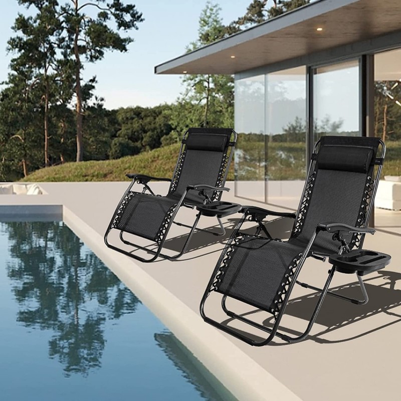 Pack 2 Tumbonas Plegables Exterior T-LOVENDO Gravedad Zero con Portavaso - Sillas Playa Piscina Jardín Terraza 150kg