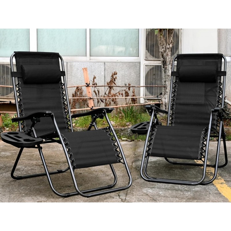Pack 2 Tumbonas Plegables Exterior T-LOVENDO Gravedad Zero con Portavaso - Sillas Playa Piscina Jardín Terraza 150kg