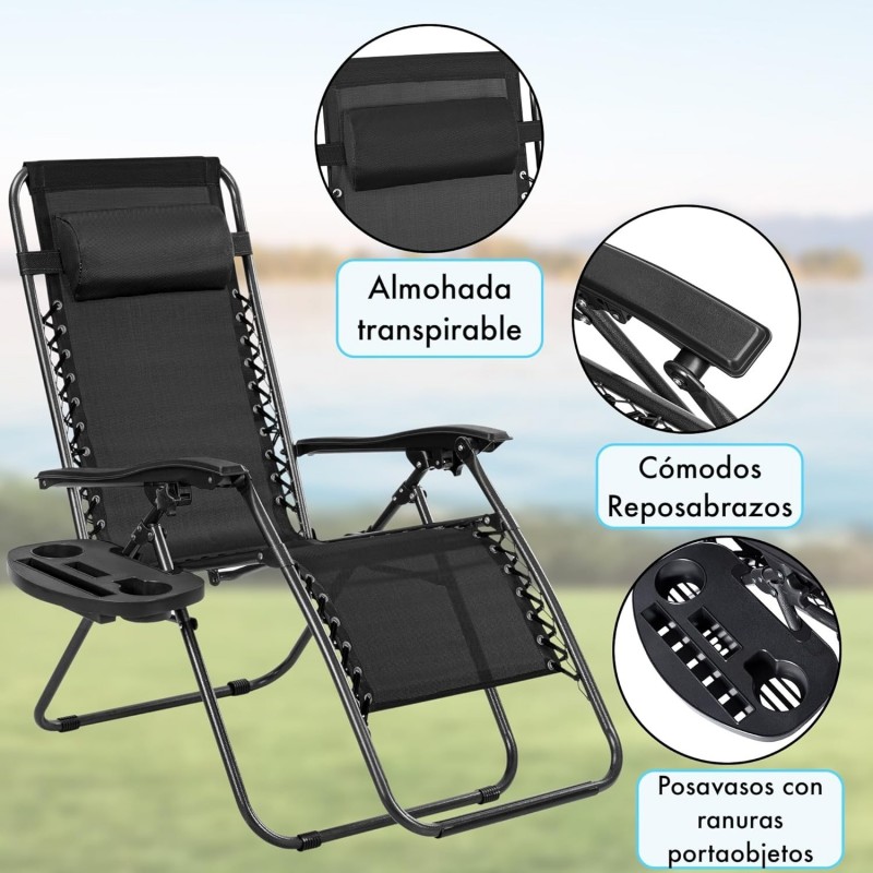 Pack 2 Tumbonas Plegables Exterior T-LOVENDO Gravedad Zero con Portavaso - Sillas Playa Piscina Jardín Terraza 150kg