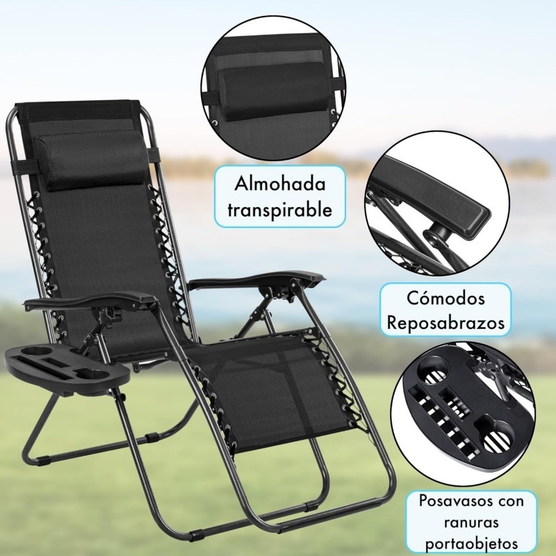 Pack 2 Tumbonas Plegables Exterior T-LOVENDO Gravedad Zero con Portavaso - Sillas Playa Piscina Jardín Terraza 150kg