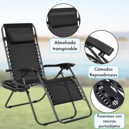 Pack 2 Tumbonas Plegables Exterior T-LOVENDO Gravedad Zero con Portavaso - Sillas Playa Piscina Jardín Terraza 150kg