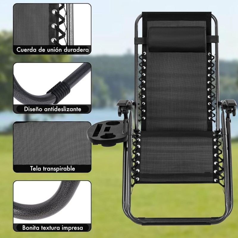 Pack 2 Tumbonas Plegables Exterior T-LOVENDO Gravedad Zero con Portavaso - Sillas Playa Piscina Jardín Terraza 150kg
