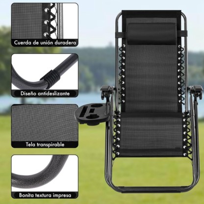 Pack 2 Tumbonas Plegables Exterior T-LOVENDO Gravedad Zero con Portavaso - Sillas Playa Piscina Jardín Terraza 150kg