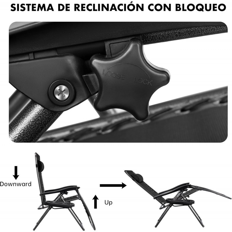 Pack 2 Tumbonas Plegables Exterior T-LOVENDO Gravedad Zero con Portavaso - Sillas Playa Piscina Jardín Terraza 150kg
