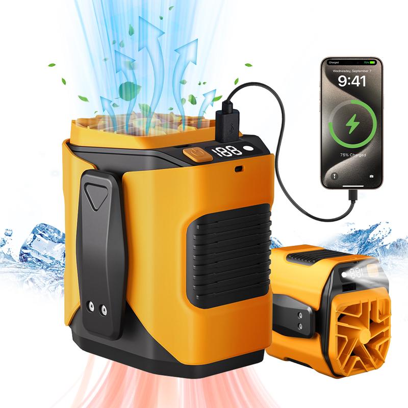 Ventilador portátil de cintura recargable 5000mAh, batería externa, 10 velocidades, flujo de aire potente, luz LED, hasta 8 horas de uso, manos libres, para camping, pesca, trabajo al aire libre y granjas.