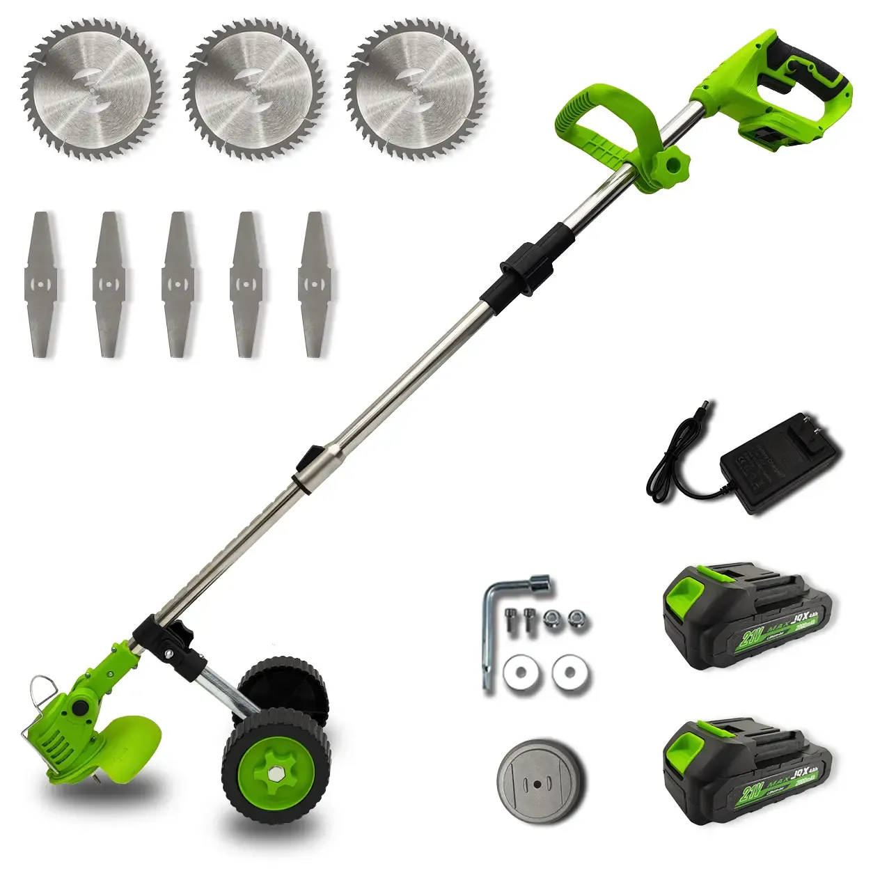 Cortacésped inalámbrico 21V, 3 en 1, con ruedas, 2 baterías y cuchillas múltiples para jardín