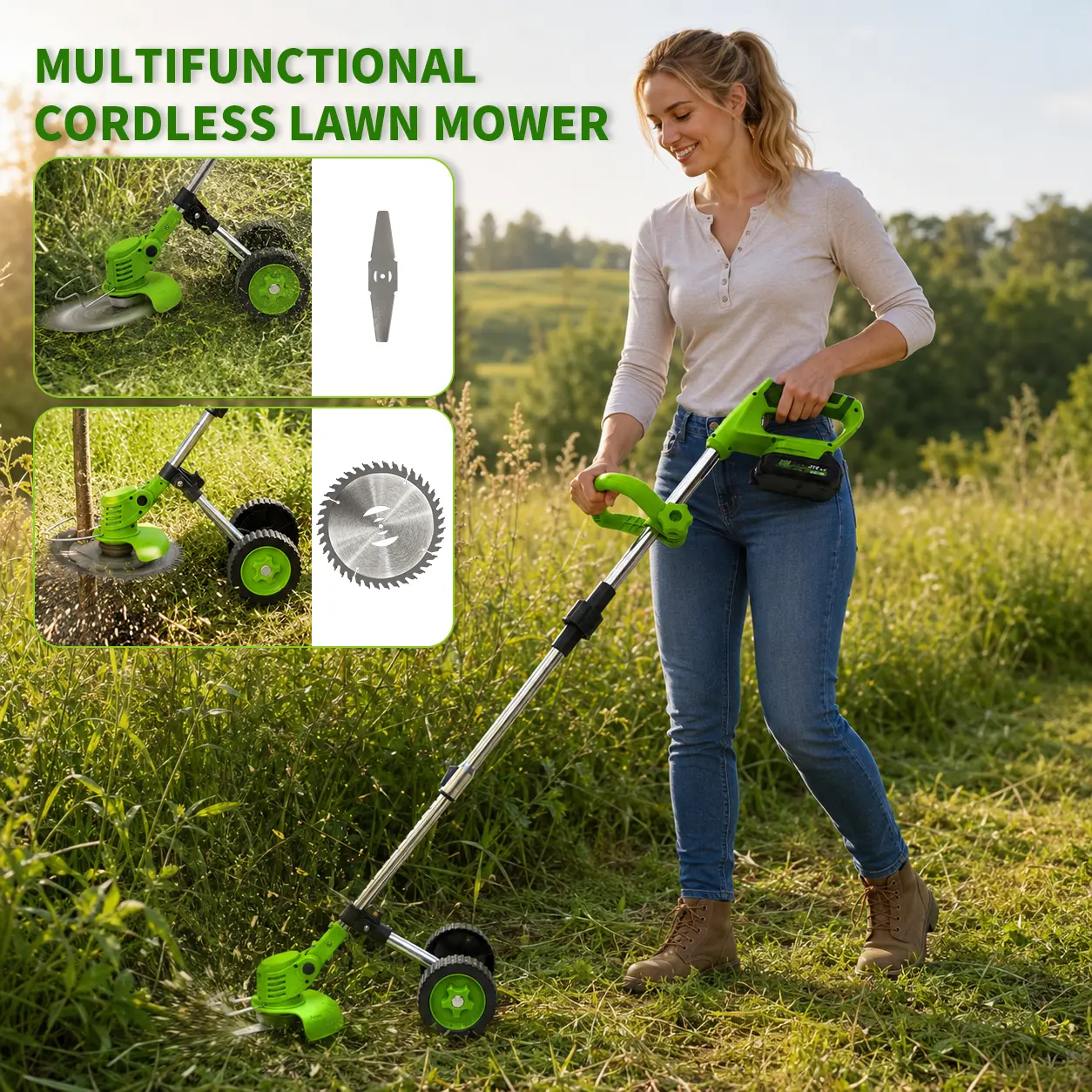 Cortacésped inalámbrico 21V, 3 en 1, con ruedas, 2 baterías y cuchillas múltiples para jardín