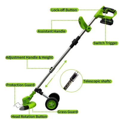 Cortacésped inalámbrico 21V, 3 en 1, con ruedas, 2 baterías y cuchillas múltiples para jardín