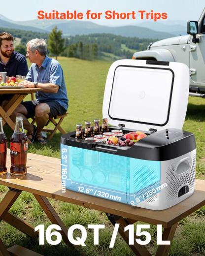 Refrigerador Portátil para Auto, Enfriador Eléctrico con Compresor 12/24V DC y 100-240V AC, Control por APP, Congelador de 16 QT para RV, Camping, Barco y Pesca