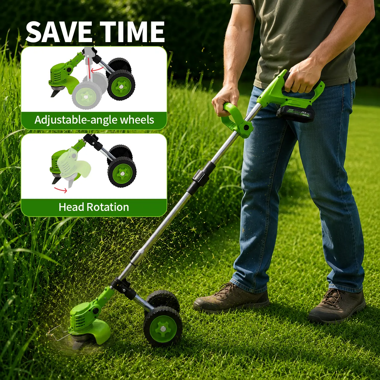 Cortacésped inalámbrico 21V, 3 en 1, con ruedas, 2 baterías y cuchillas múltiples para jardín
