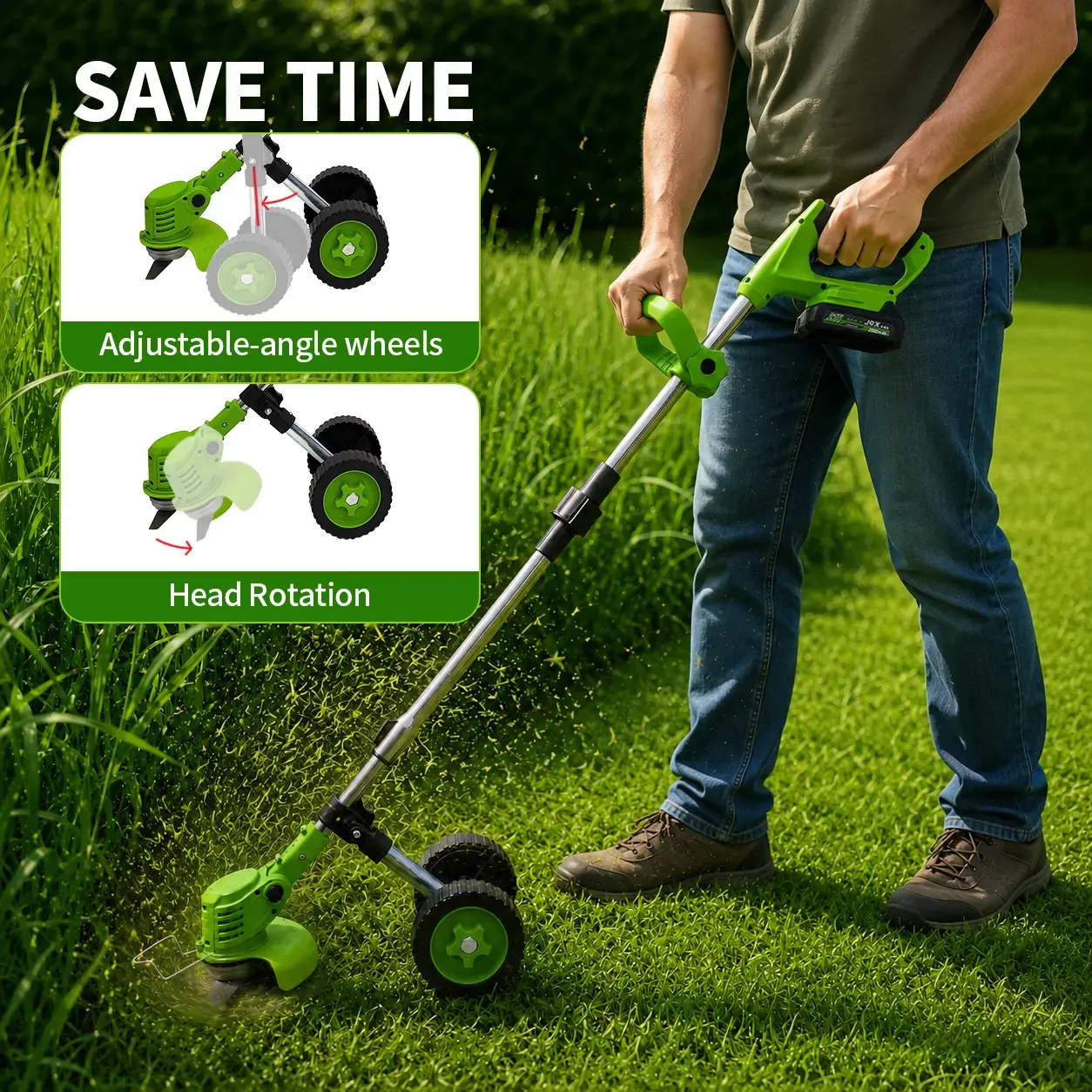 Cortacésped inalámbrico 21V, 3 en 1, con ruedas, 2 baterías y cuchillas múltiples para jardín
